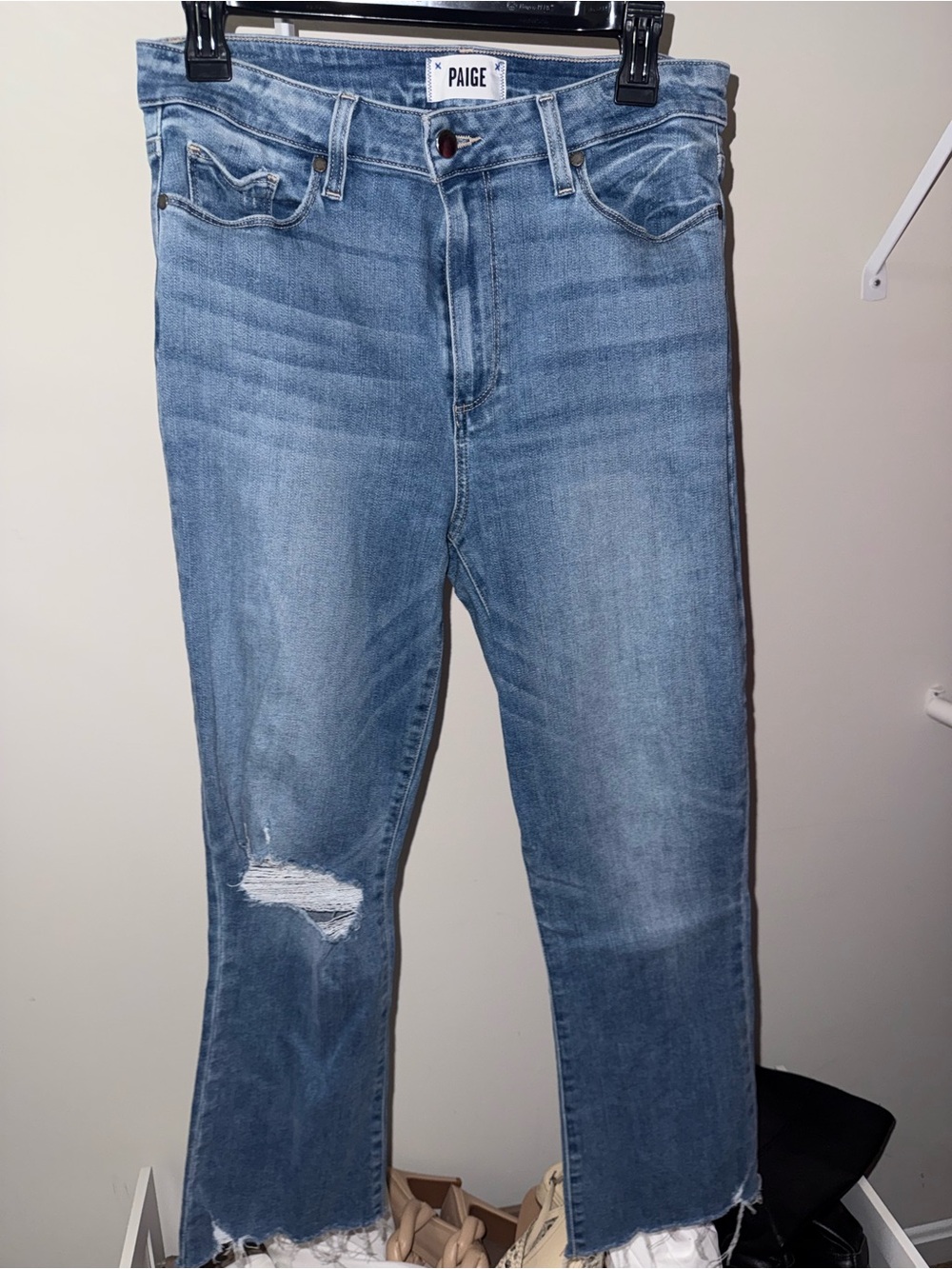PAIGE Medium Blue Cropped Distressed Women's Jeans